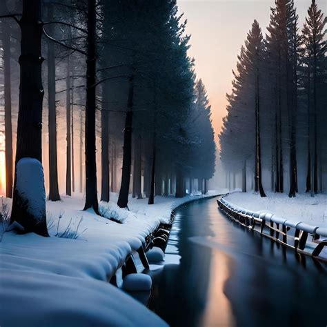 Premium Photo | A snowy road with a snowy path and trees covered in snow.