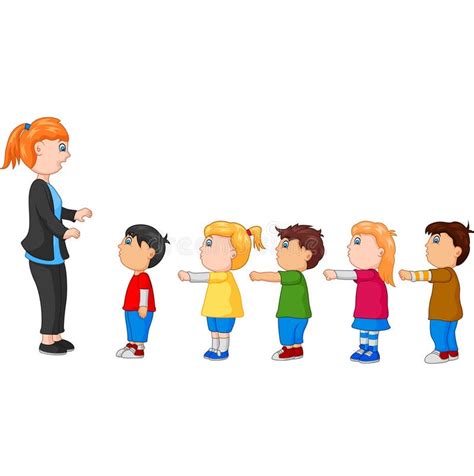 Kids with Arms Up Standing in Line in Front of the Teacher Stock Vector ...