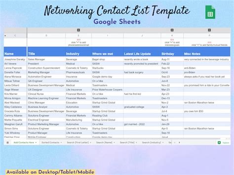 Networking Contact List Template Google Sheets Jobs - Etsy