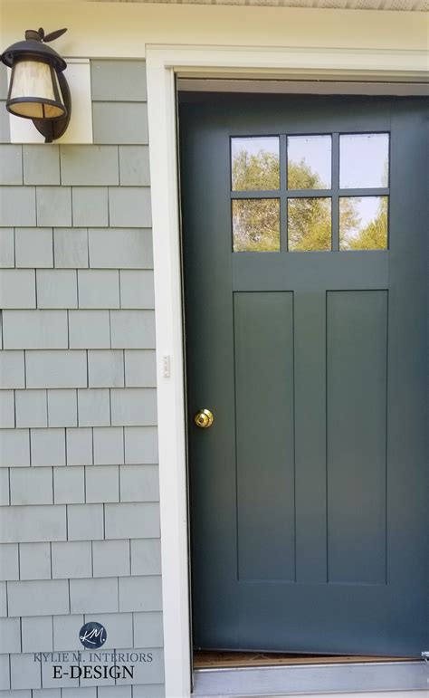 Front door Craftsman style painted Benjamin Moore Dark Pewter, Maibec Balsam stained shingles ...