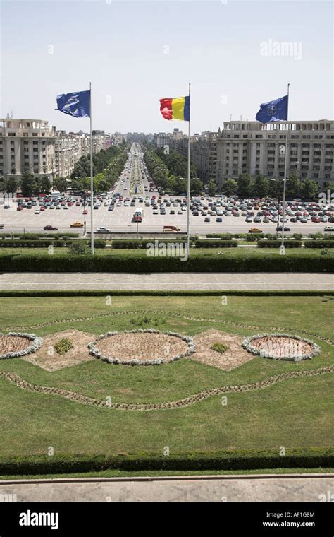 View of Unirii Boulevard, from Palace of Parliament, Peoples Palace, Casa Poporului, Bucharest ...