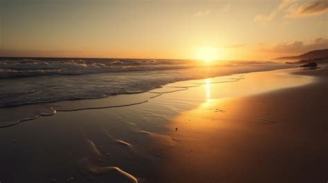 Premium Photo | A beach at sunset with a golden sunset in the background.