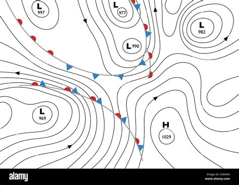 Illustration of a generic weather map showing isobars and weather fronts Stock Photo - Alamy