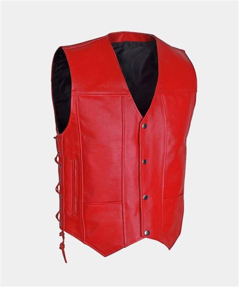 Men's Motorcycle Biker Red Vest Genuine Cowhide Leather Black-Mready