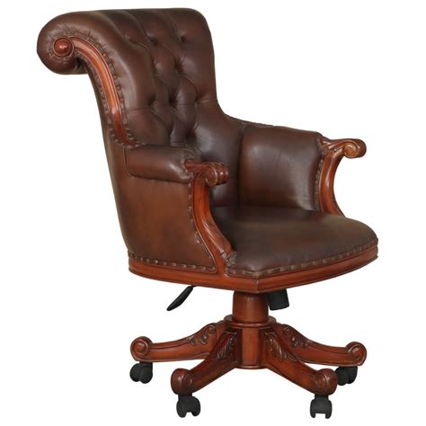 Flatiron Mahogany Wood Leather Tufted Rolling Executive Office Chair