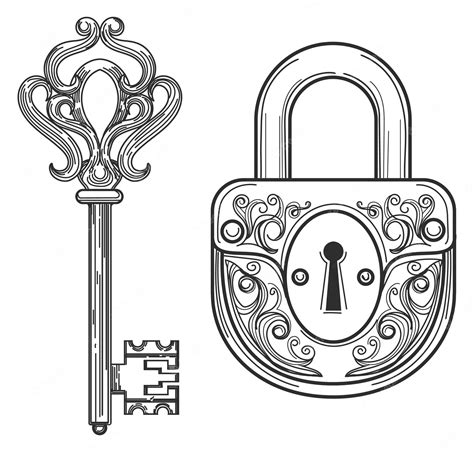 Premium Vector | Skeleton key and vintage ornate metal lock drawing