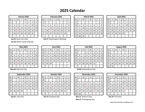 Yearly calendar 2025 printable with federal holidays | Free-calendar-template.com