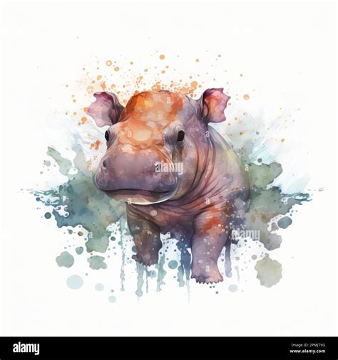 Cute baby hippo. Watercolor painting of a cute baby hippo on a white background Stock Photo - Alamy