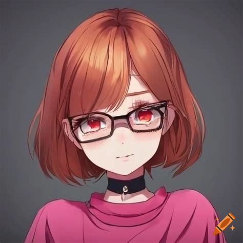 Illustration of an anime girl with auburn hair and glasses