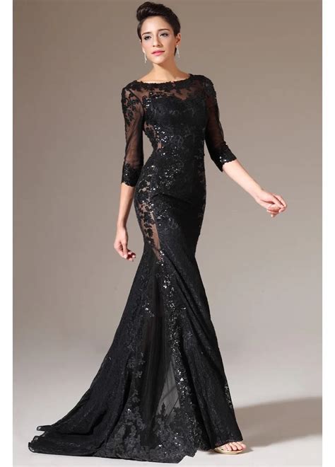 Custom Size Mermaid Evening Gown 3/4 Sleeves See Through Sexy Long Black Lace Dress-in Evening ...