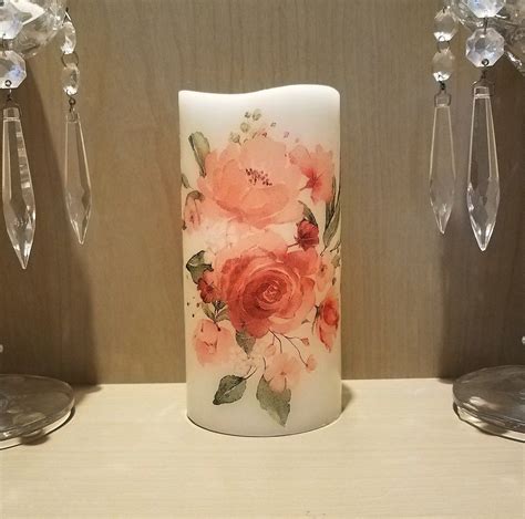 LED Pillar Candle With Peach Colored Roses by DontForgetTheFlowers on Etsy | Peach colored roses ...