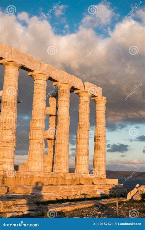 Sounion, Temple of Poseidon in Greece, Sunset Golden Hour Stock Image ...