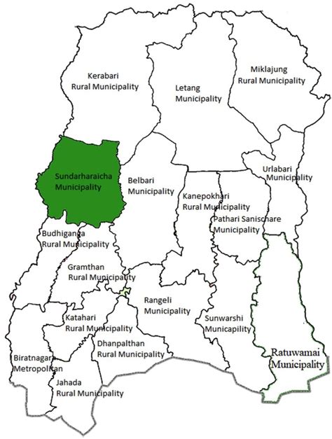 Maps of Morang district of Nepal showing Sundarharaincha Municipality [9]. | Download Scientific ...