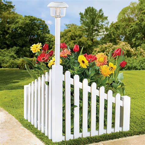 White Wood Corner Fence with Solar Powered Light | Fence landscaping, Fence decor, Backyard fences