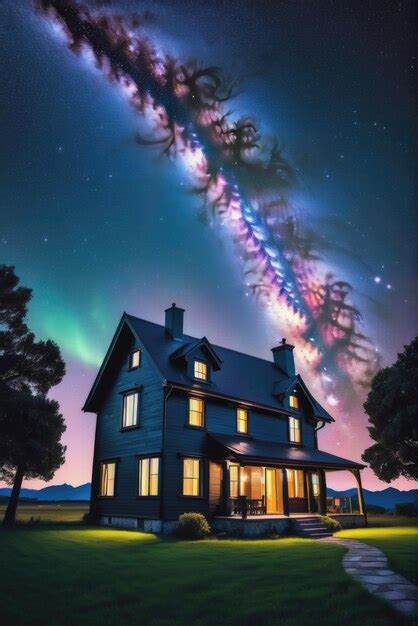 Premium Photo | Night Sky Photo of a charming house silhouette against a vast starry sky