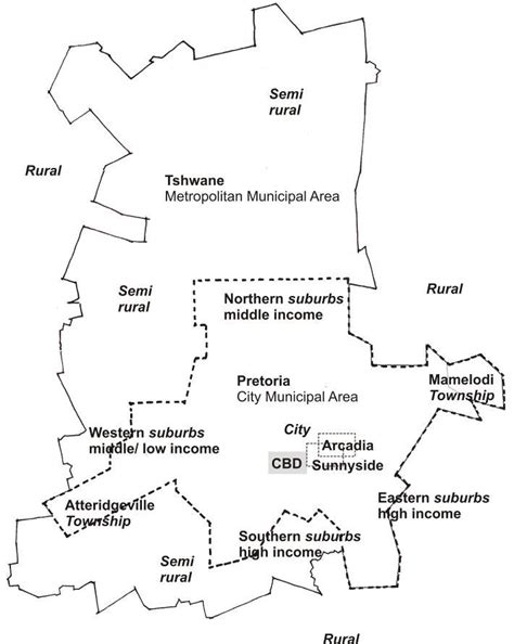 Map of Pretoria indicating the physical locations of rural, township,... | Download Scientific ...