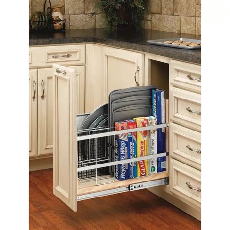 Rev-A-Shelf 8" Pull Out Wooden Bakeware Organizer Shelf for Base Kitchen Cabinets with 100 Pound ...