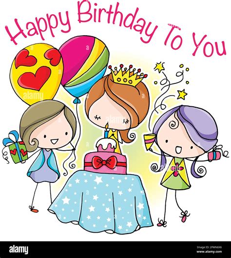 vector cartoon girl with big gift happy birthday to you Stock Photo - Alamy