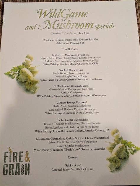 Menu at Fire & Grain at Hershey Lodge restaurant, Hershey