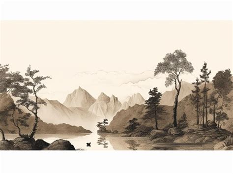 Premium AI Image | A drawing of a lake with mountains in the background.