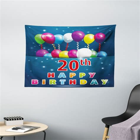 20th Birthday Decorations Tapestry, Sweet 20 Birthday Party with Colorful Balloons on Blue ...