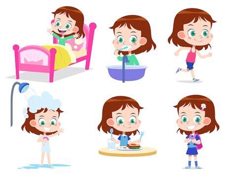 Premium Vector | Vector illustration of a cartoon girl set daily routine morning activities from ...