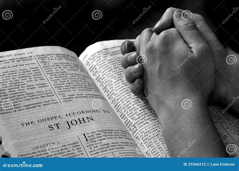 Hands Praying On Bible Black And White Stock Photography - Image: 29366212