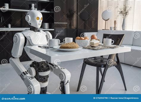 Robot Chef in the Kitchen, Preparing Breakfast with Advanced AI Technology and Modern Design ...