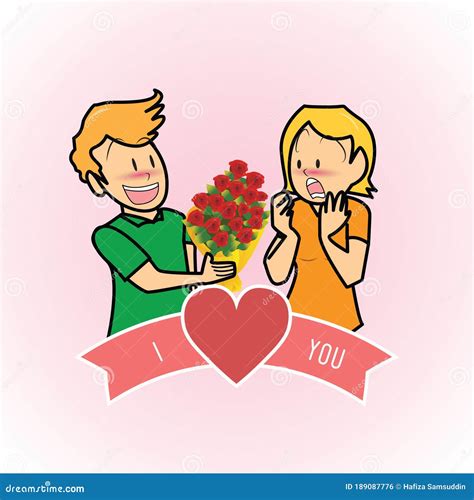 Boy Proposing Girl with Flowers. Vector Illustration Decorative Design ...