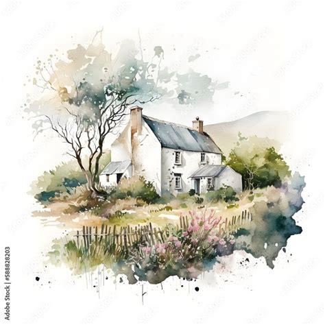 Digital watercolor painting of a house in the countryside. Beautiful ...