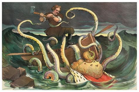 Illustration shows a man standing on a rowboat, using an axe labeled to fight a kraken wearing a ...