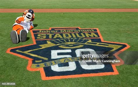 The Detroit Tigers mascot Paws sits on the field next to the 50th ...