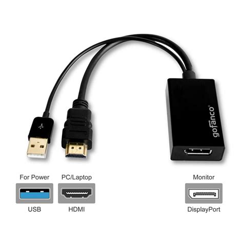 gofanco 4K x 2K HDMI to DisplayPort Converter Adapter with USB Power for HDMI equipped systems ...