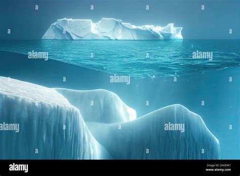 underwater view in clear blue waters of an iceberg floating in arctic ocean. Climate change and ...