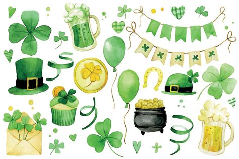 watercolor drawing. large set of cute illustrations for st patrick's day. green elements, flags ...