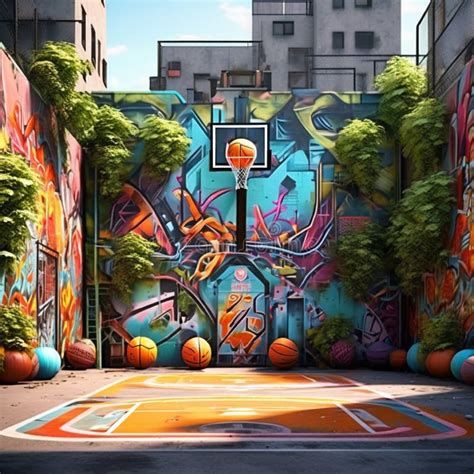 Create an Image of a Street Basketball Court with Graffiti Art on the Surrounding Walls Trending ...