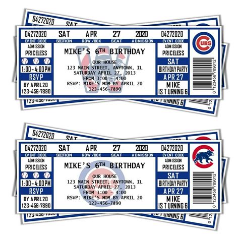 Chicago Cubs Horiz Vintage Baseball Ticket Style Invite
