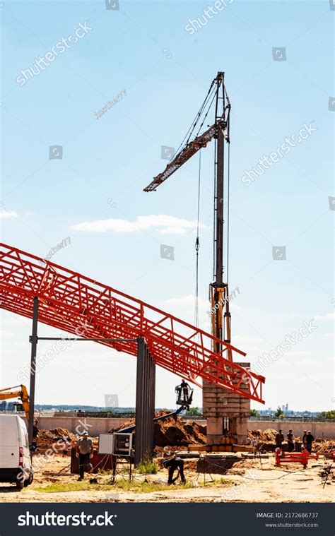 Installation Metal Trusses Frame During Construction Stock Photo ...