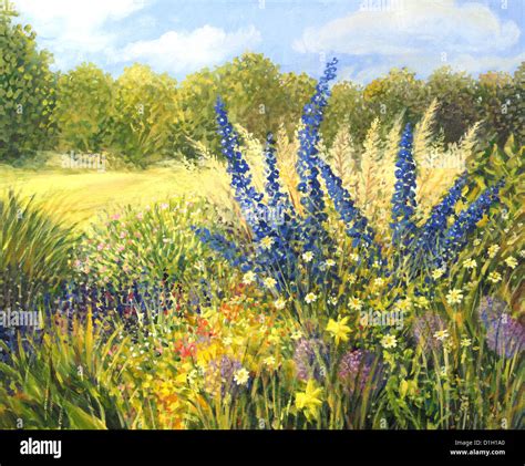 An oil painting on canvas of a vibrant spring meadow full of wild ...