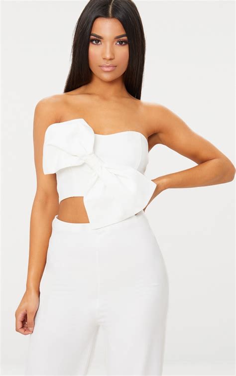 White Bow Front Bandeau Crop Top | Tops | PrettyLittleThing AUS