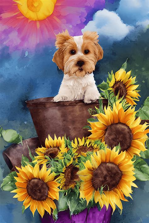 Cute Puppy with Sunflowers in a Bucket · Creative Fabrica