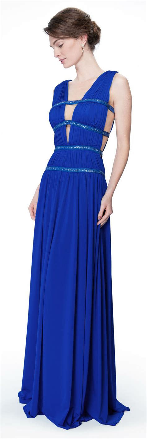 Blue Grecian Draped Jersey Gown in Neptune - Tadashi Shoji | Greek ...