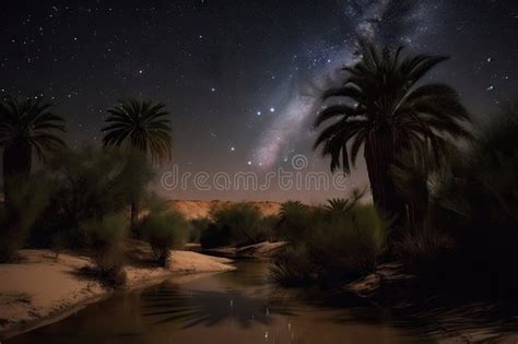 Night Sky with Stars and Moon, Shining Down Over Oasis in Desert Stock ...