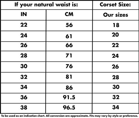 Corset Size Chart