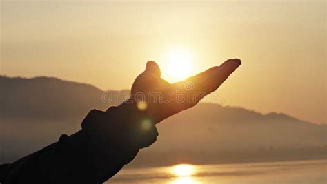 Man Hand Reaching To the Sun in Morning. Stock Photo - Image of nature ...