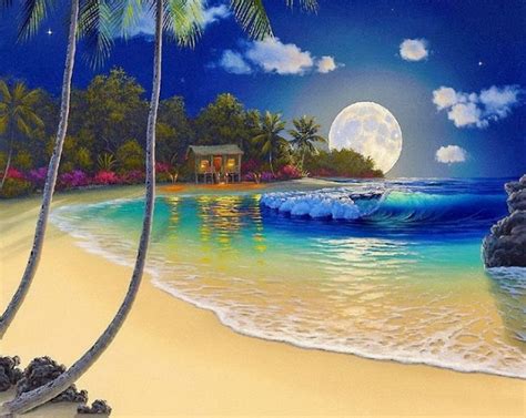 Cuadros Modernos Pinturas y Dibujos : Colección de Pinturas de Paisajes con la Luna llena y el Mar