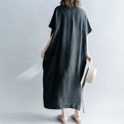 Fine black silk linen dresses oversize Stand baggy dresses caftans casual short sleeve patchwork ...