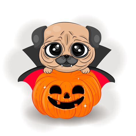 Halloween Cute Pug with a Pumpkin , textile print, vector illustration ...