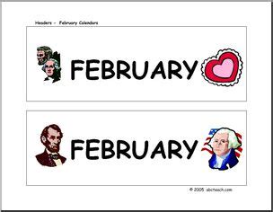 Calendar: February (header) – presidents and hearts – Abcteach