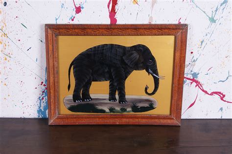 Gold Elephant Picture with Vintage Wooden Frame | Blue Ticking